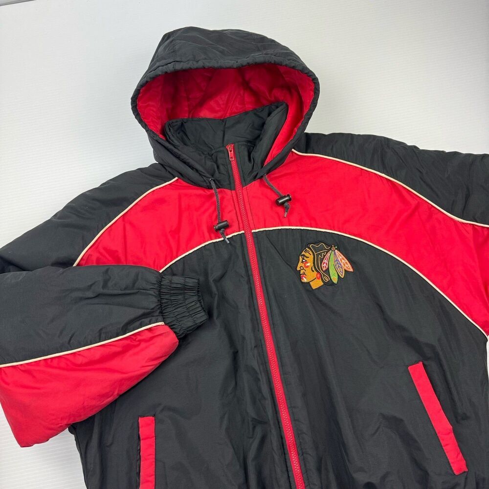 Vintage Chicago Blackhawks Fans Gear Hooded Puffer Jacket XL Red Black NHL 90’s
